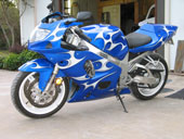 blue and white airbrushed flames